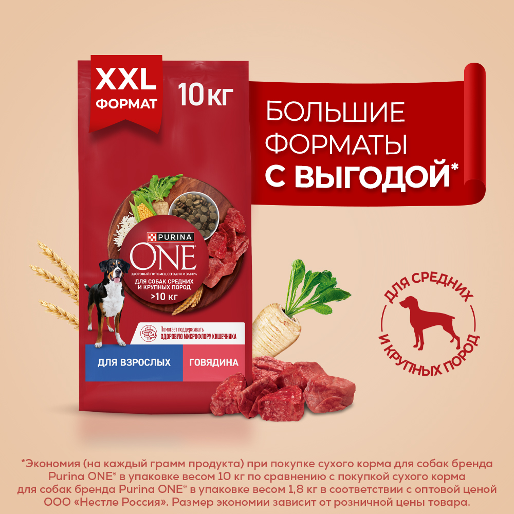 Сухой корм PURINA ONE® для взрослых собак средних и крупных пород, с говядиной и рисом 10кг