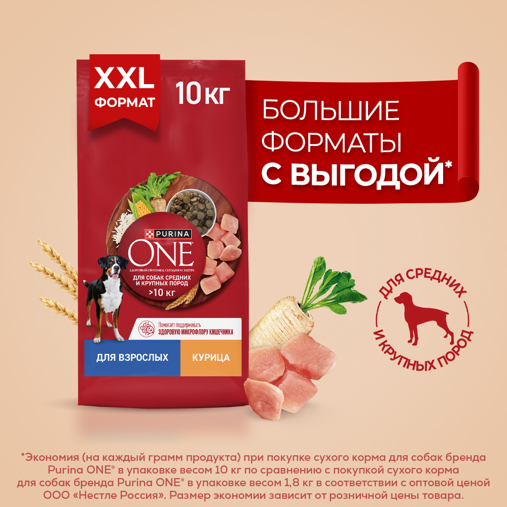 Сухой корм PURINA ONE® для взрослых собак средних и крупных пород с курицей и рисом, 10 кг