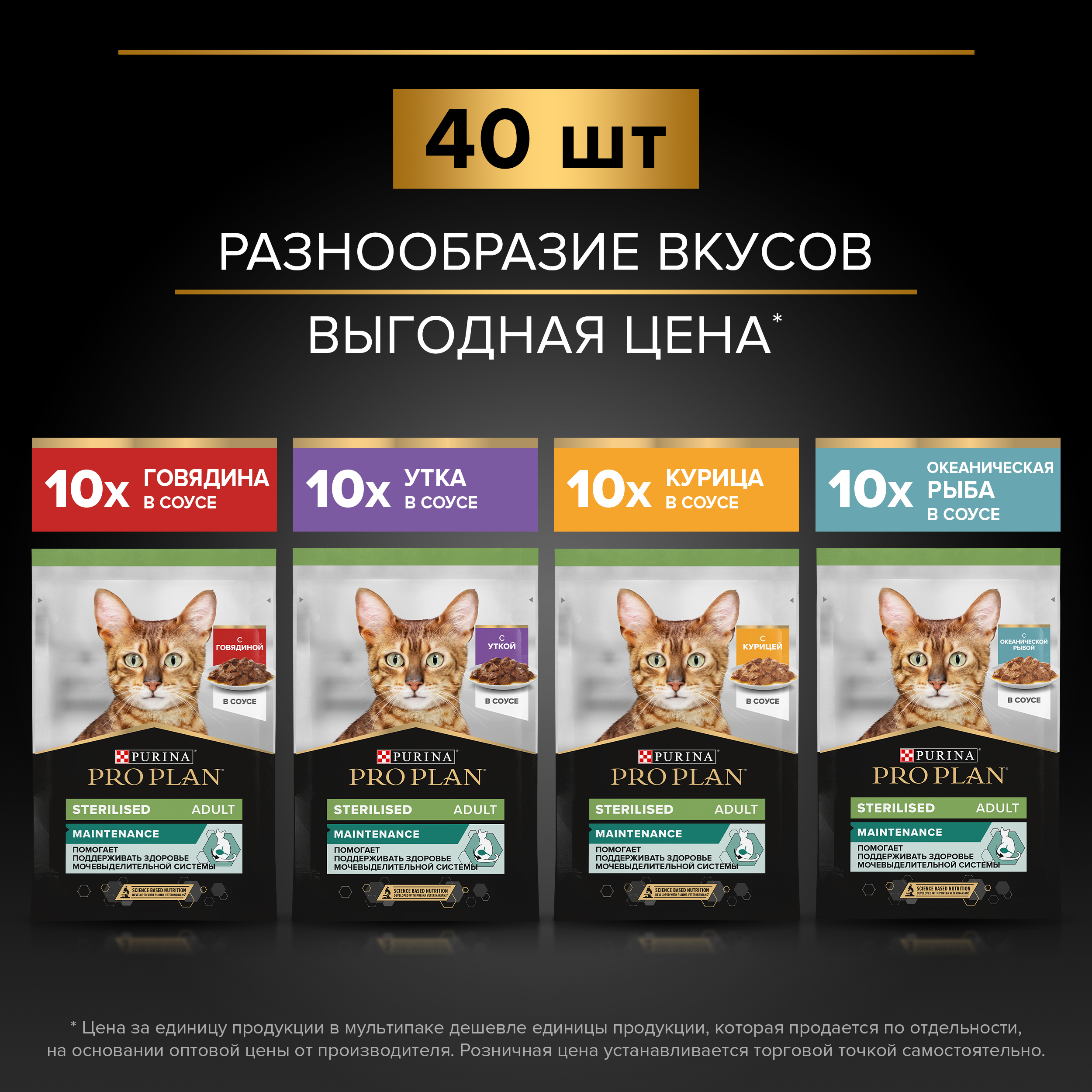 Влажный корм PRO PLAN® Sterilised MAINTENANCE для взрослых стерилизованных кошек с говядиной, курицей, уткой, океанической рыбой в соусе 85 г х 40 шт.